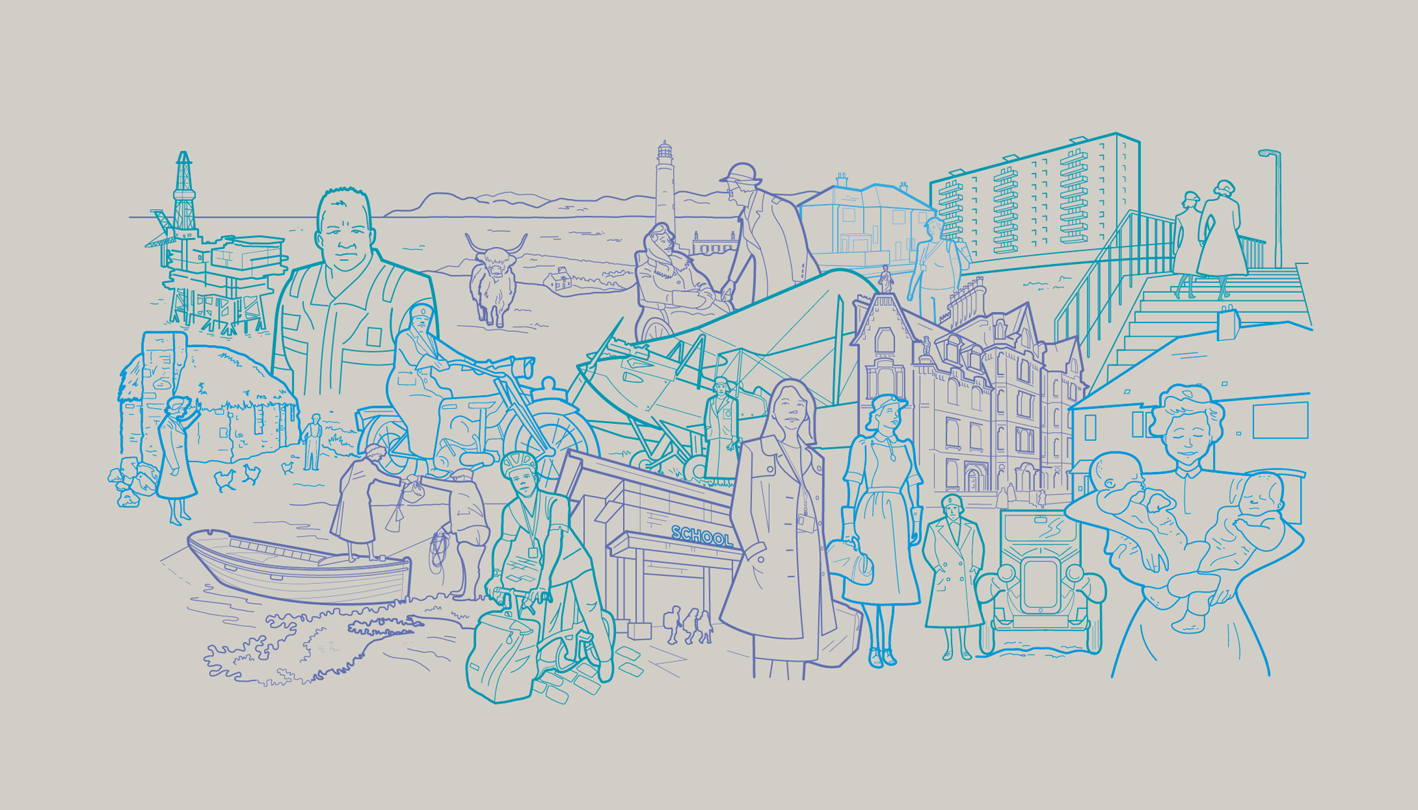 A stylised line drawing collage in shades of blue and purple, depicting scenes of community life, healthcare, and education across different time periods. The image includes people engaged in various activities including cycling, greeting people, caring for children, and traveling. Settings range from coastal oil rigs and rural villages to urban streets, housing blocks, a school, and historical buildings. The background is a light cream color, allowing the coloured line work to stand out.